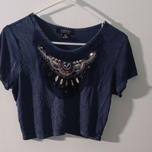 Embellished Navy Short Sleeve Crop Top